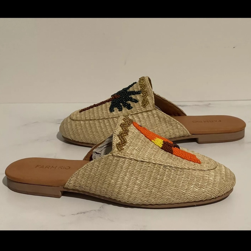 Farm Rio MACAW Womens 7 Tropical Raffia Mules Straw Embroidered Flats Shoes - Picture 4 of 16